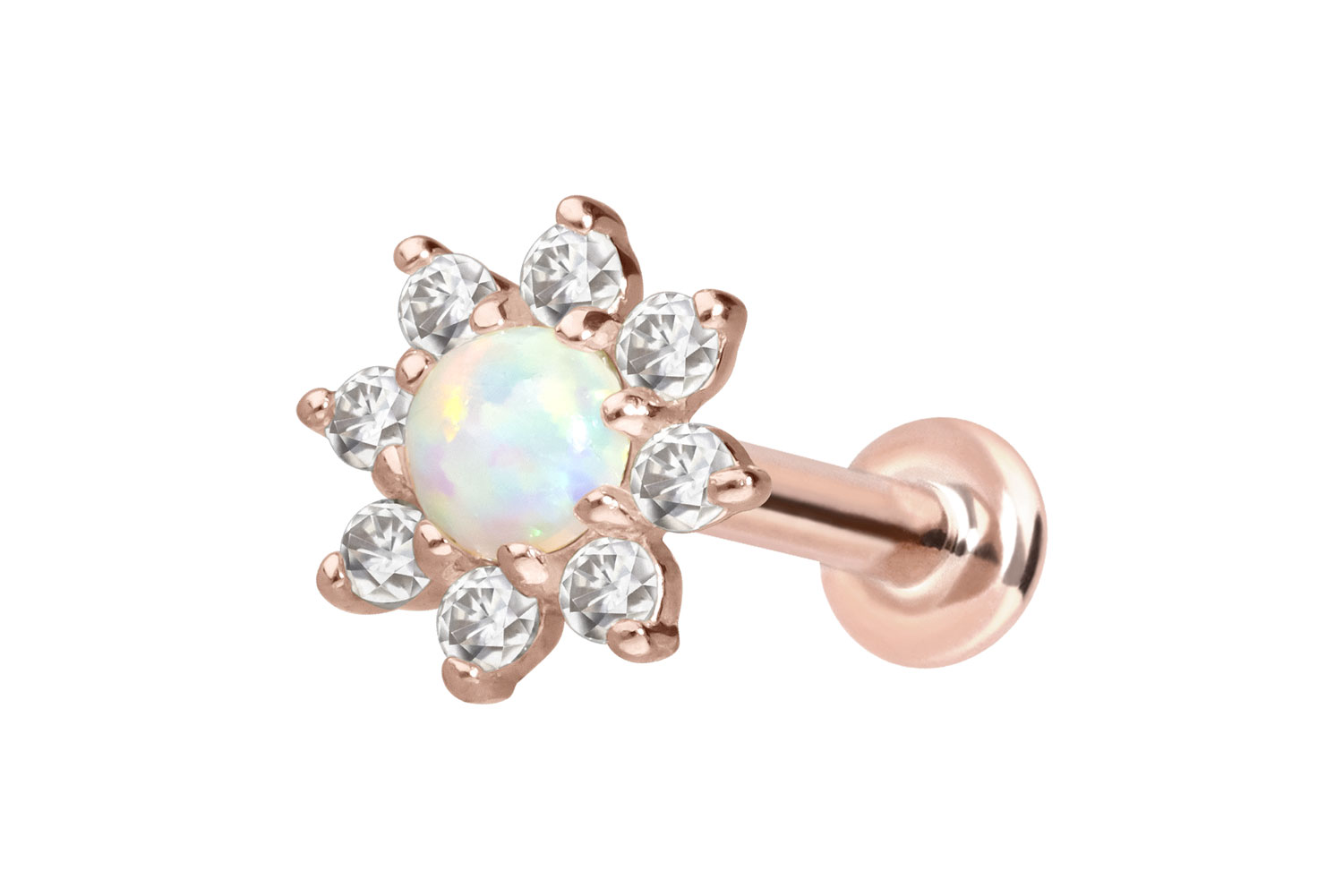 14 Karat Gold Labret Piercing mit Innengewinde MOISSANIT-BLUME + SYNTHETISCHER OPAL